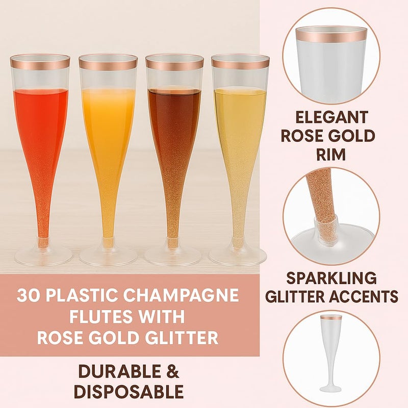 Oojami 30pc Clear Plastic With Rose Gold Glitter Classicware Glass Like Champagne Wedding Parties Toasting Flutes - Image 3